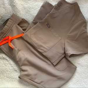 Figs Tan Scrub Set with Orange Accent